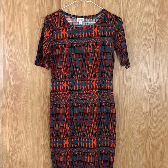 LuLaRoe Geometric Midi Dress - Gray and Orange - Picture 2 of 5